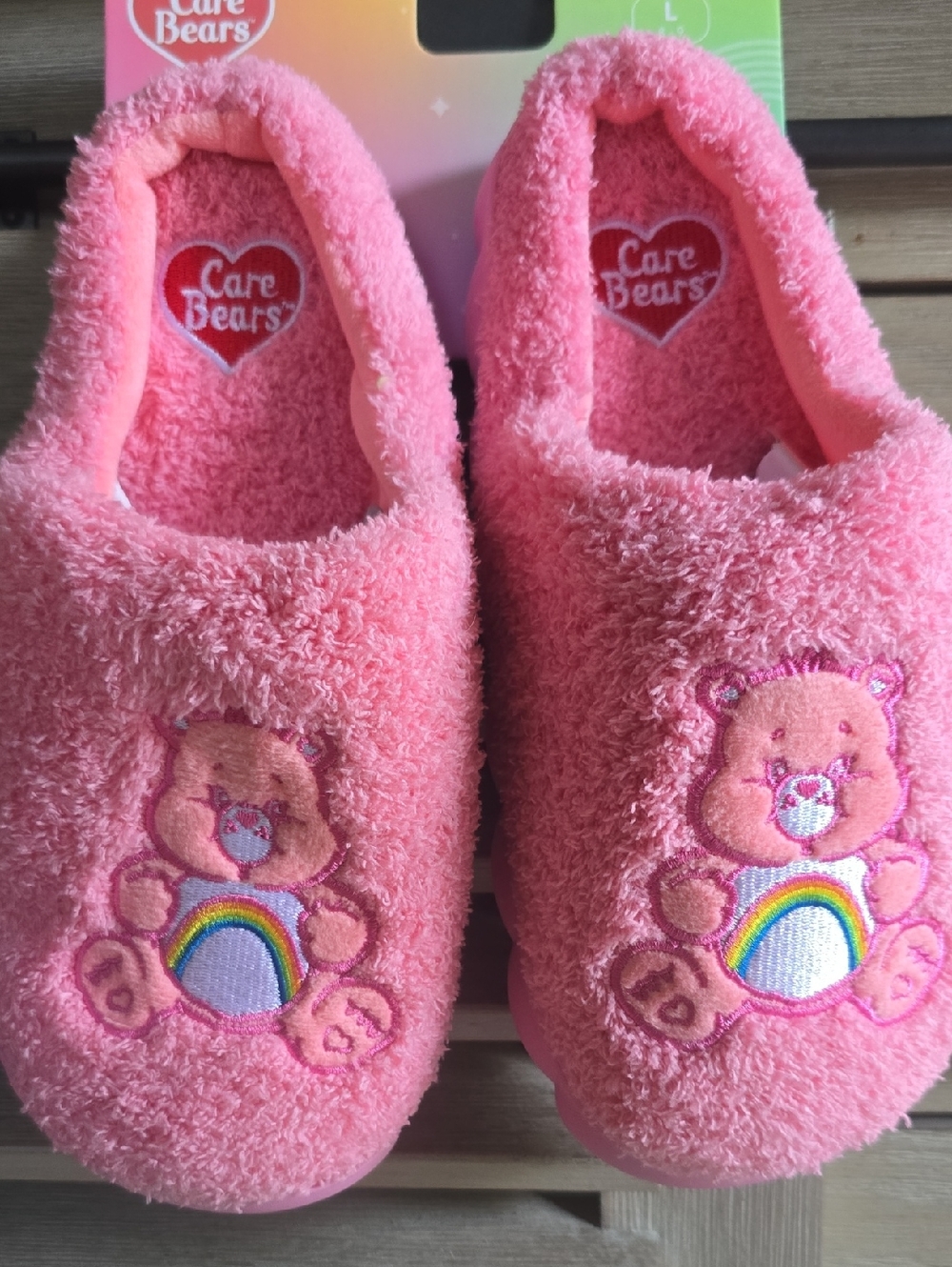 Care Bears Pink Plush Slippers with Rainbow Embroidered Bear